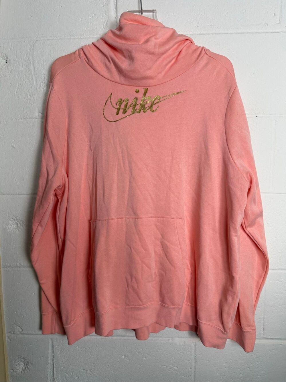 Nike Sportswear Cowl Neck Pullover Hoodie Gold Glitter Script Logo Pink Women’s